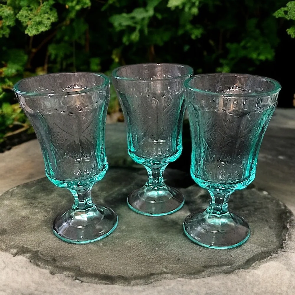 3 Indiana Glass‎ Recollection Goblet Glass Teal Aqua Vintage Beach Cottage House